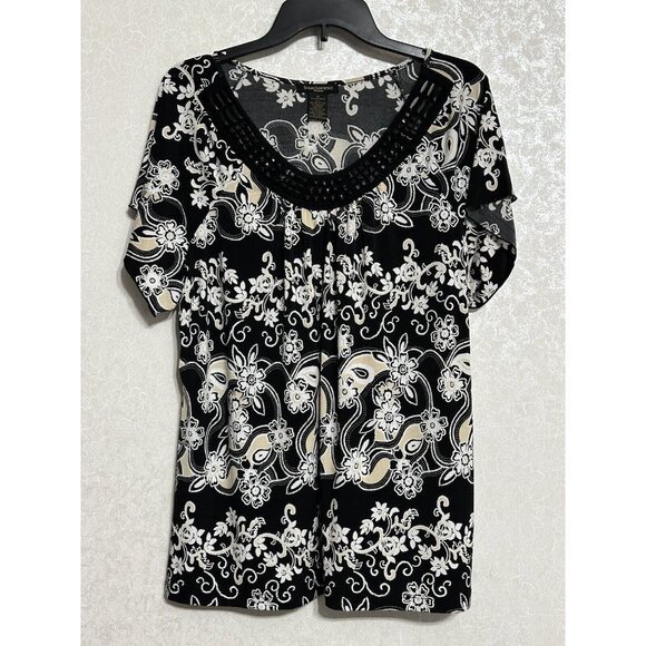 Susan Lawrence Black & White Floral Paisley Embellished Neck Short Sleeve Top 1X - Picture 1 of 5